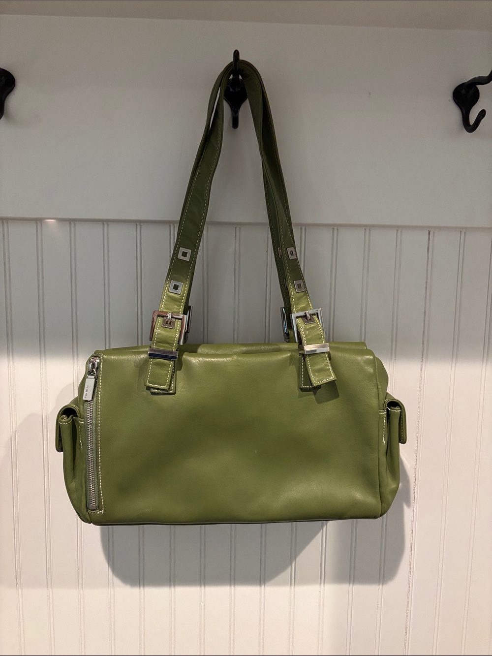 Perlina Olive Green Leather Shoulder Bag with Dual Straps